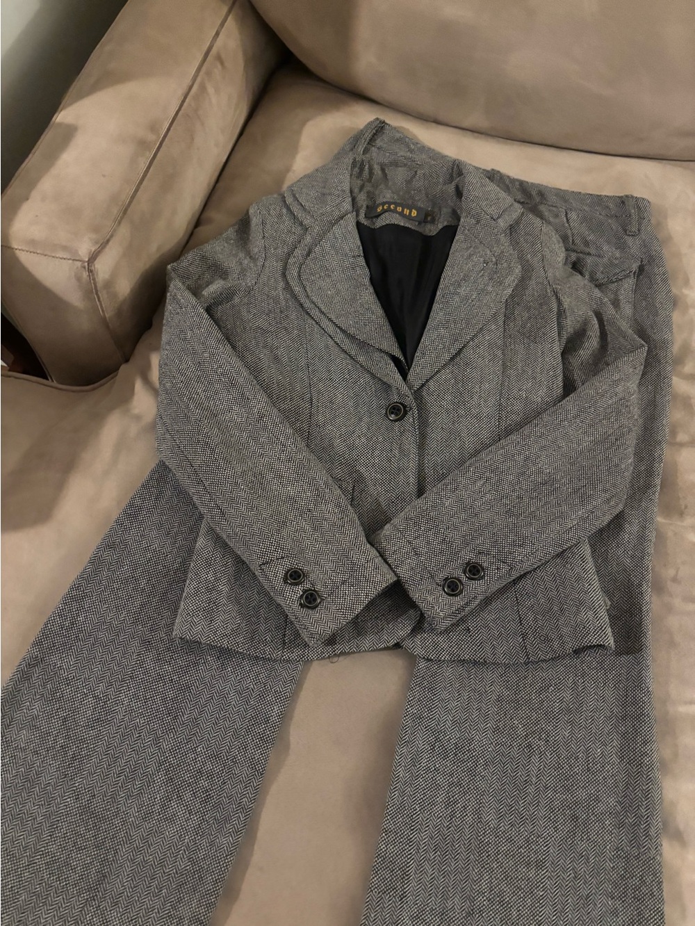 Second Y2K Herringbone Pantsuit Blazer Flare Pants Gray Black Size 28